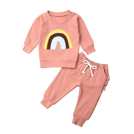

2PCS Kids Baby Girl Autumn Winter Rainbow Tops Ruffle Pants Clothes Tracksuit