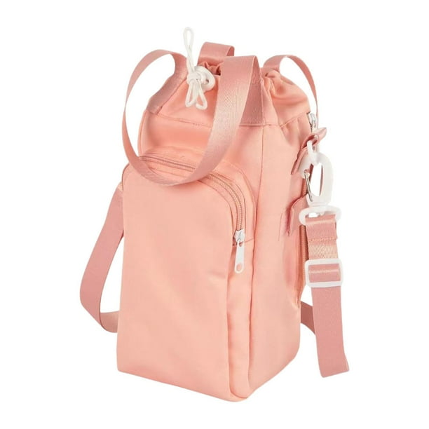 Portabotellas de moda con bolsillo frontal, bolsa bandolera para transportar botellas de agua. Rosa