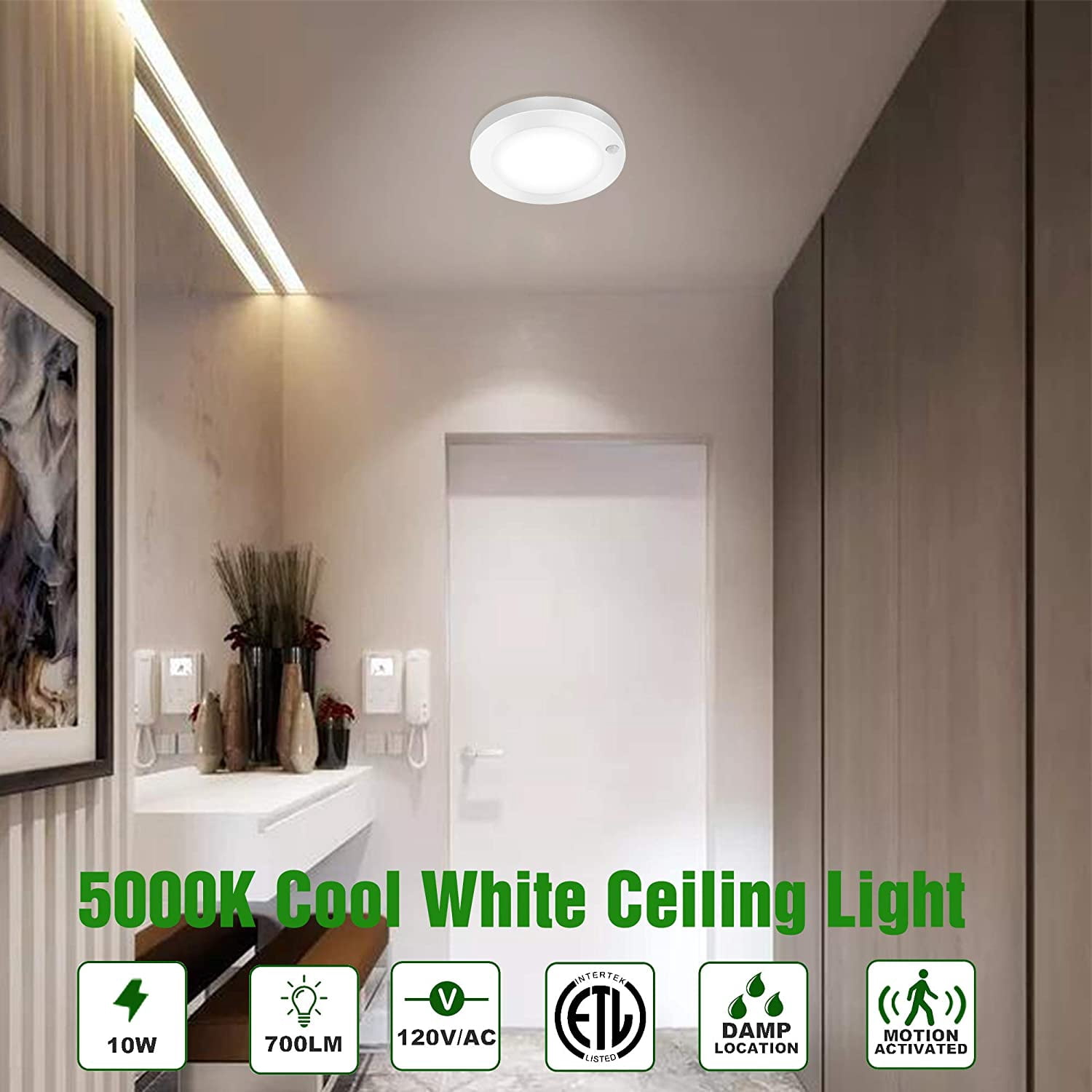 Motion Sensor LED Ceiling Light, 6inch 120V LED Flush Mount Round Lighting Fixture, 10W 700lm LED Closet Light for Indoor/Outdoor, Porches, Closet Rooms, Stairs, Hallways, 5000K Daylight White