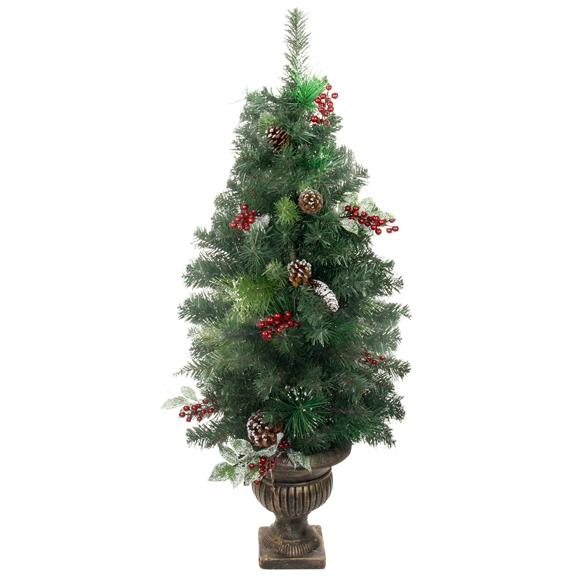 4' Potted PreDecorated Frosted Pine Cone, Berry and Twig Artificial