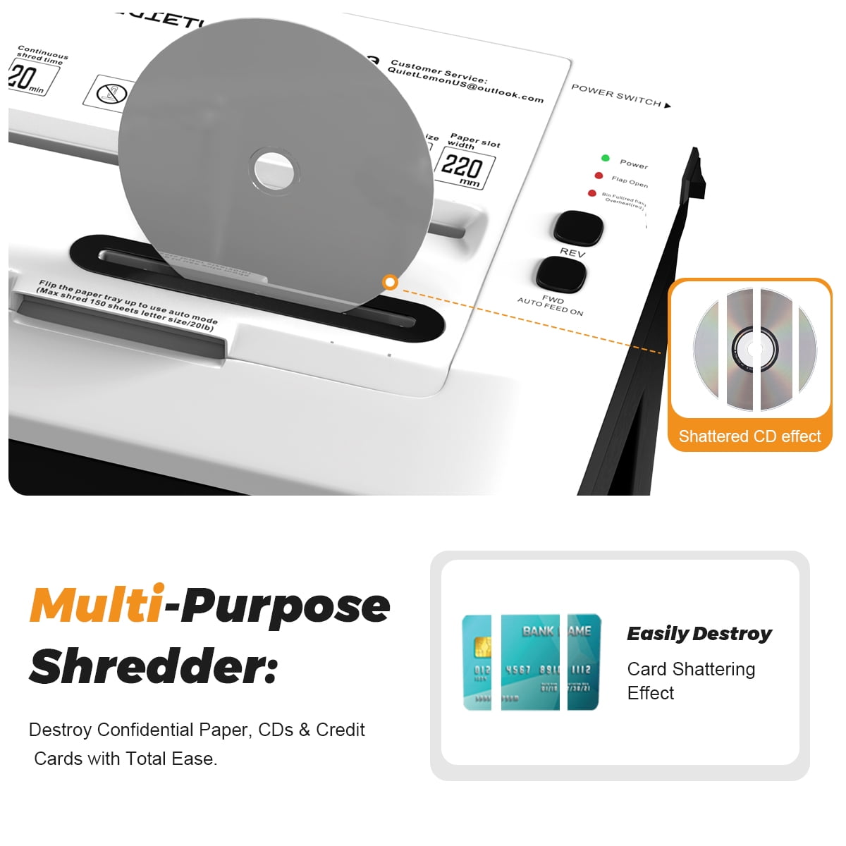 QUIETLEMON  150-Sheet Heavy Duty Paper Shredder for Home Office, Auto Feed Micro Cut Document Shredder, 5.3Gal Bin, P5 Security, Shreds Paper, Credit Card, CDs, Clips & Staples