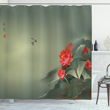 Ambesonne Dragonfly Shower Curtain, Lotus Blooms Tones, 69"Wx70"L, Red Reseda Green