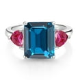 thumbnail image 2 of Gem Stone King 925 Sterling Silver London Blue Topaz and Red Created Ruby 3 Stone Ring for Women (8.36 Cttw, Emerald Cut 12X10MM, Trillion 5X5MM, Gemstone November Birthstone, Size 5), 2 of 3