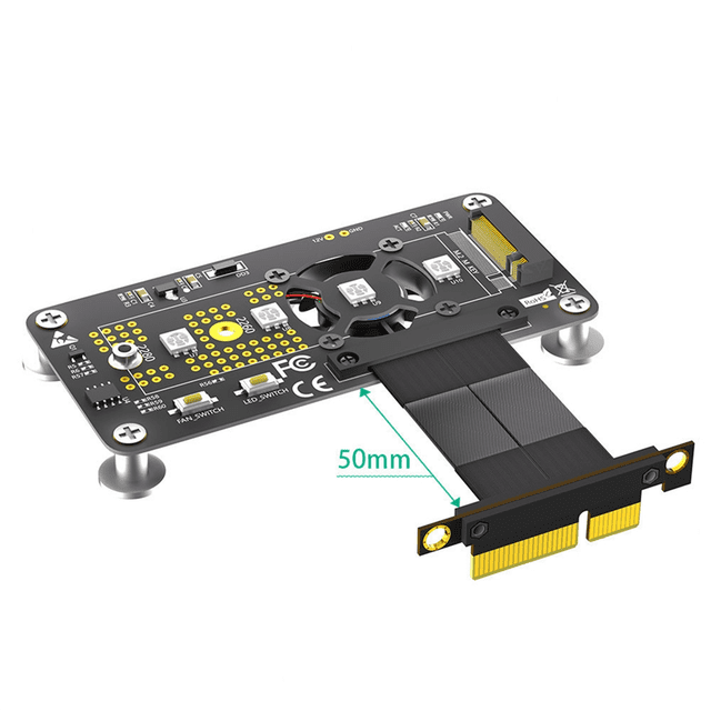 Riser Card M.2 M-Key NVME SSD to PCIe X4 Extension Cable with Cooling Fan RGB LED Magnetic Pad for 2230-2280 NVME SSD A