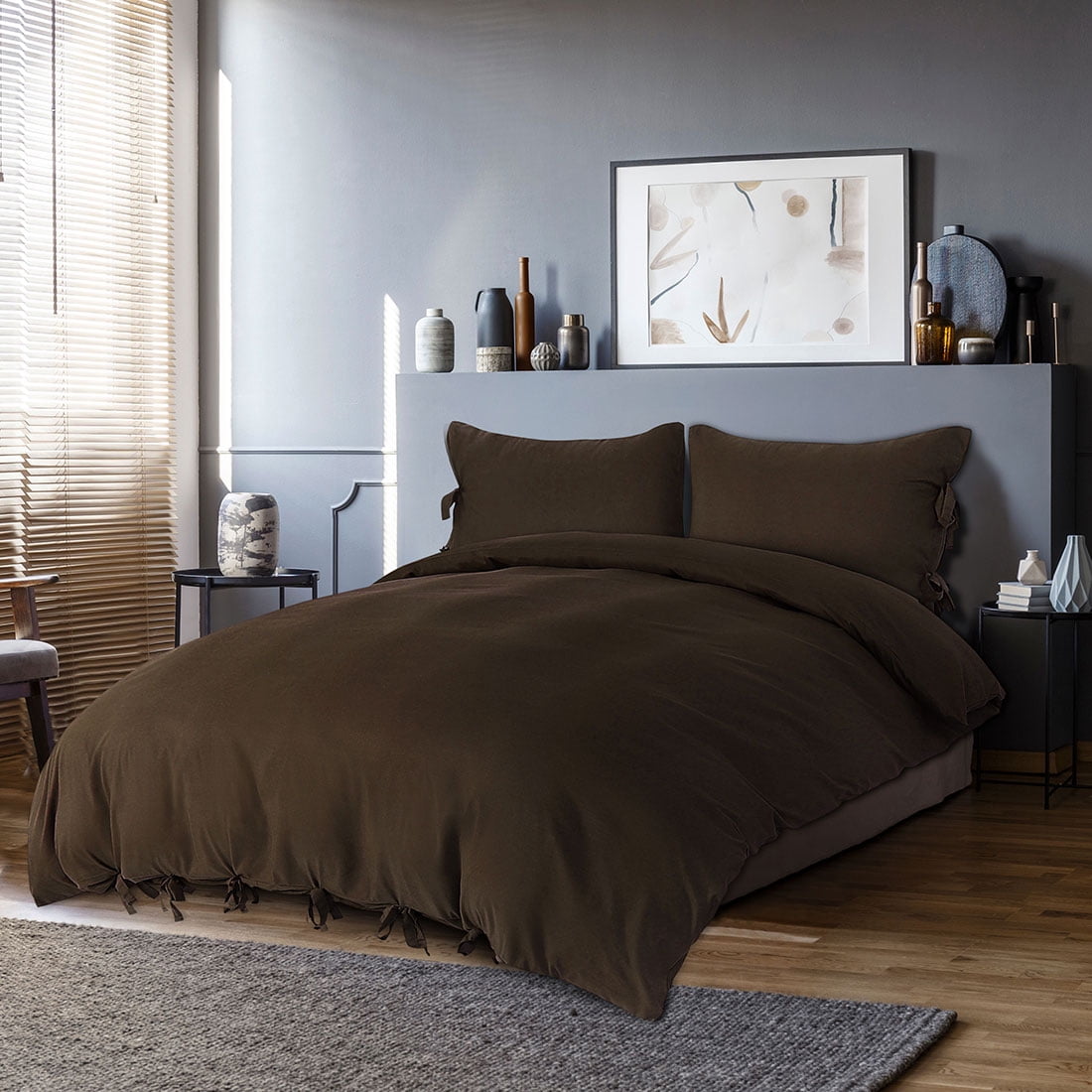 REGALWOVEN 3 Piece Bow Tie Duvet Cover Bedding Set with 2 Pillowcases Twin Dark Brown