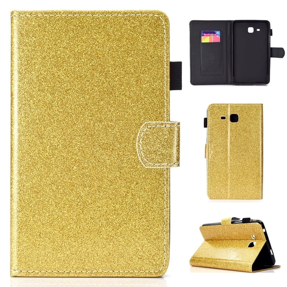 Galaxy Tab A 7.0 Inch Case, T280 T285 Case, Allytech Synthetic Glitter Leather Bling Design Kickstand Magnetic Clasp Pencil Holder Cards Slots Wallet Case Cover for Samsung Galaxy Tab A 7.0", Gold