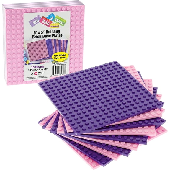 SCS Direct Brick Building Blocks Base Plates - 5"x5" Pink & Purple Set of 10 - Dual Side Connectivity - Compatible & Tight Fit w All Major Brands - Gift for Kids, Boys & Girls