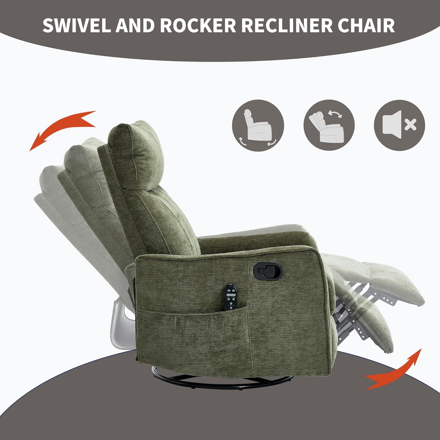 High Back Manual Recliner Chair with Heat & Massage, Swivel Rocker for Living Room Bedroom, Antique Green