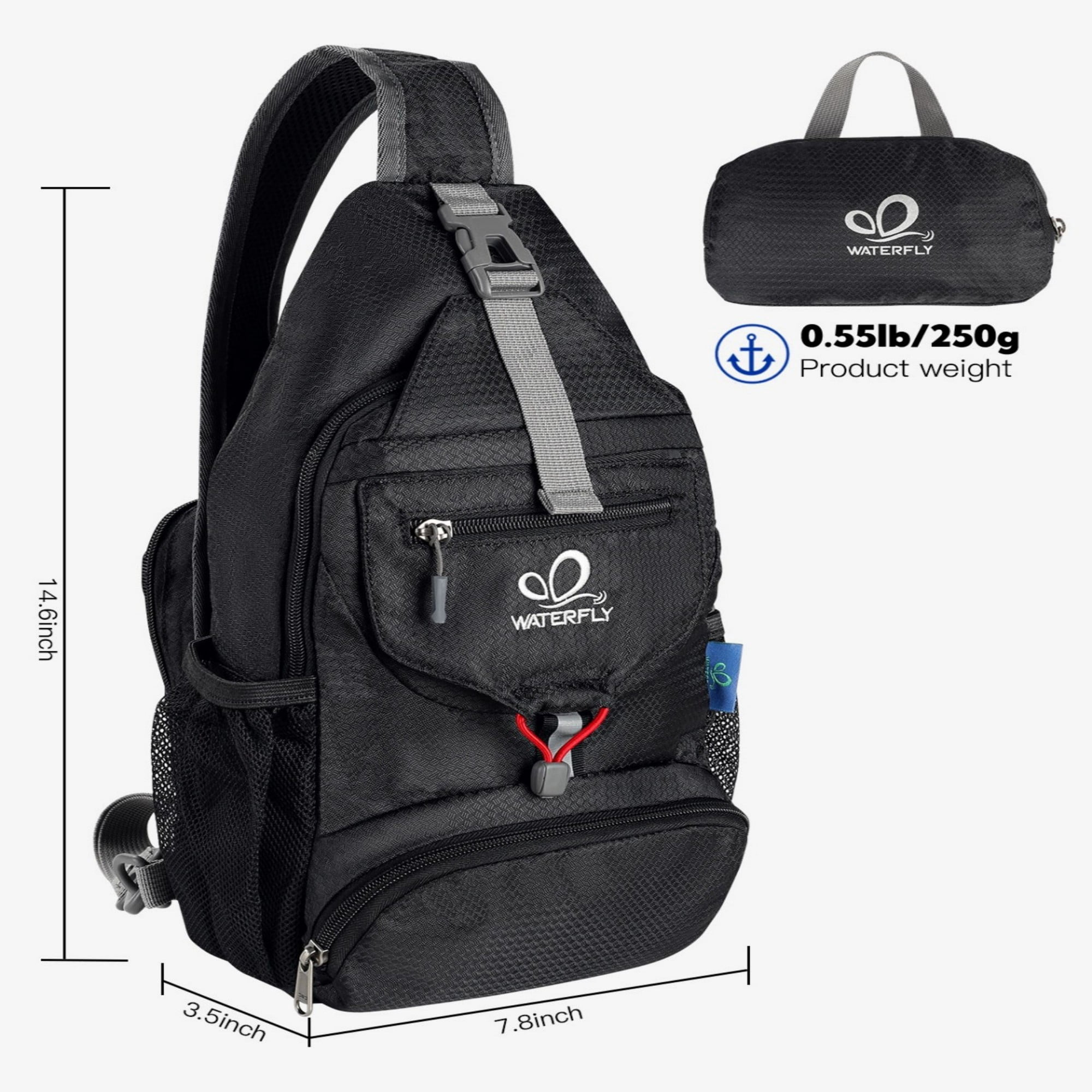 WATERFLY Unisex Small Packable Hiking Travel Sling Bag Cross-Body Shoulder Chest Bag,Black