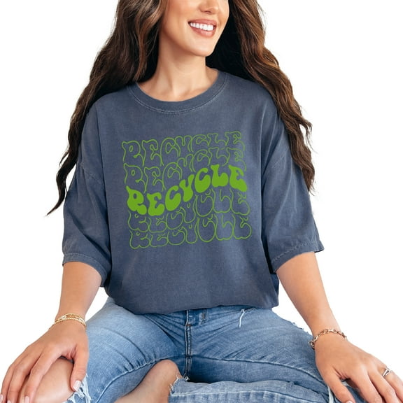 Recycle, Caring for the Environment Themed, Groovy Retro Wavy Text, Denim Comfort Colors T-Shirt, Small