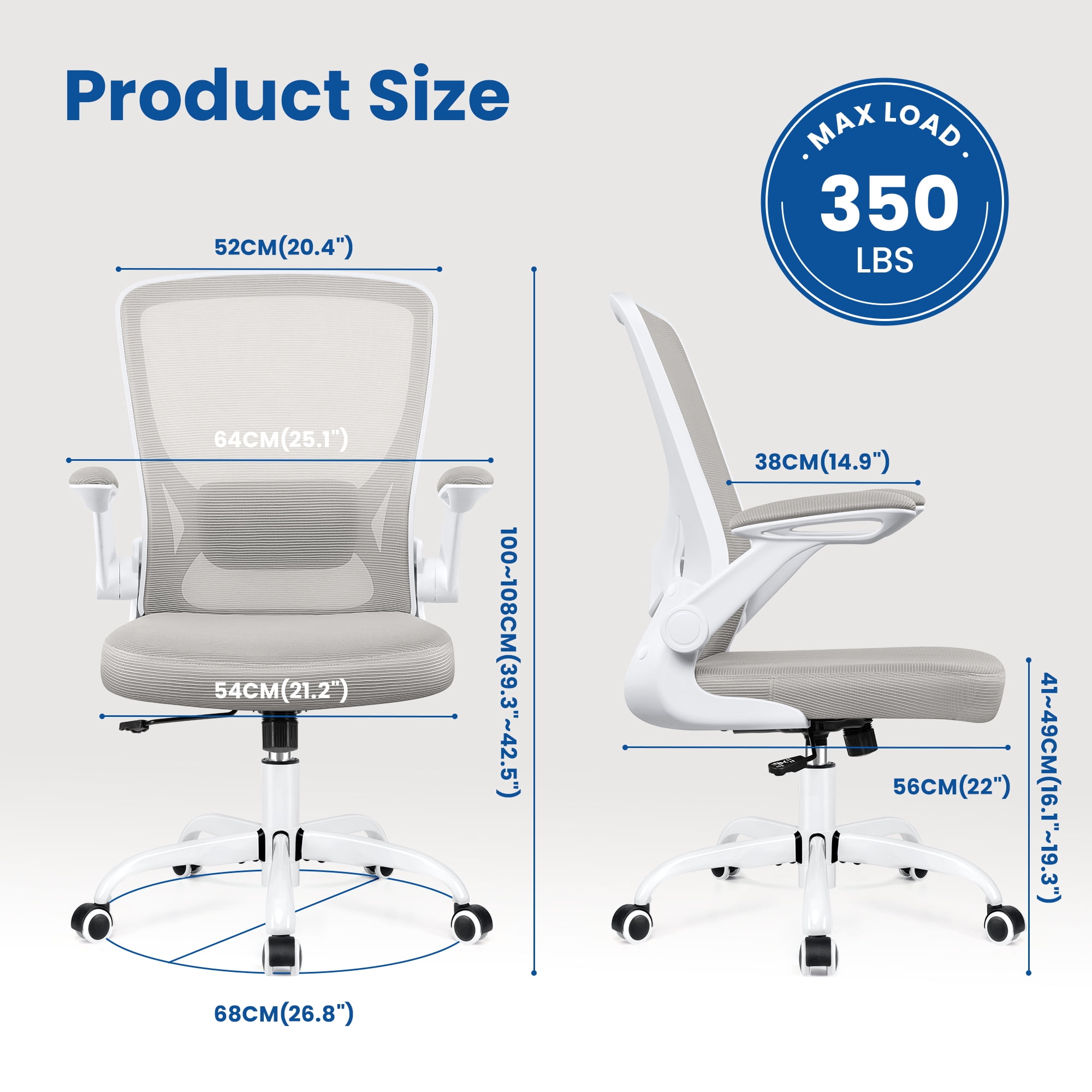 COOLHUT Office Chair, Ergonomic Office Chair, Comfort Home Office Task Chair, Lumbar Support Computer Chair with Flip-up Arms and Adjustable Height, 350LBS, Light Gray