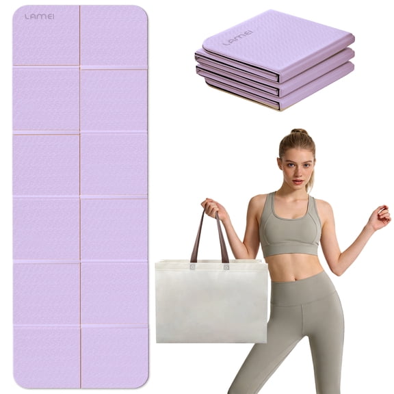 LAMEI Foldable Yoga Mat for Travel, 6mm Thick TPE Pilates Mat Thick, Non Slip Folding Exercise Mats for Home Workout with Bag(Purple)