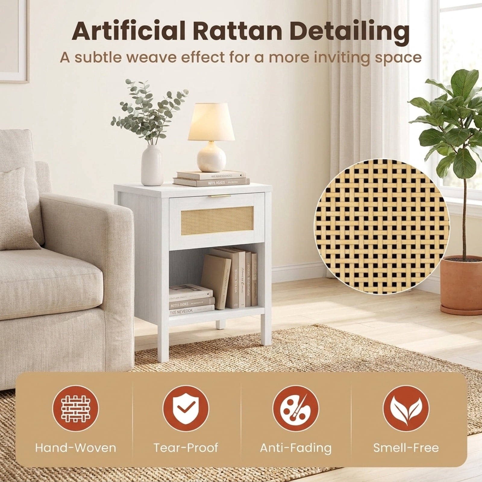 Furnibear Rattan Nightstand with Charging Station and Storage Shelf for Bedroom for Bedroom Living Room Bedside Sofa Side Small Space, White
