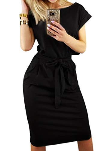 PALINDA Women's Striped Elegant Short Sleeve Wear to Work Casual Pencil  Dress with Belt (L, Black1) - Walmart.com