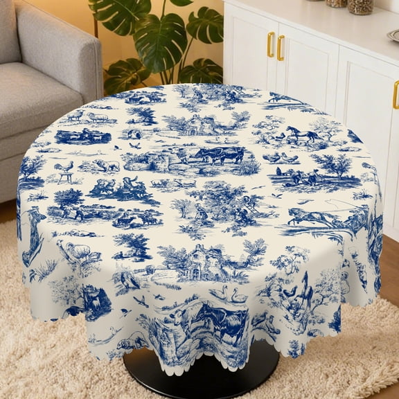 Janvonne Denim Ranch Round Tablecloth Machine Washable Perfect for rustic dining and pastoral decor 60",Blue