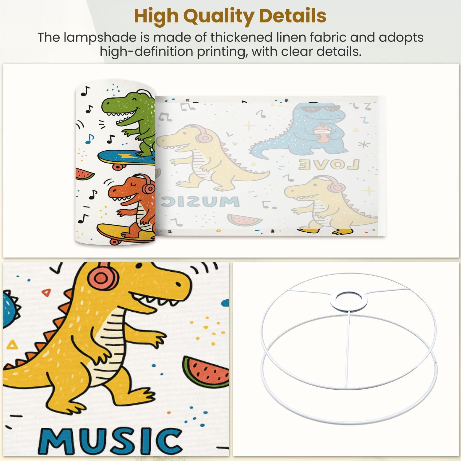 Lampshades 2 Pack Music Lover Dinosaur Seamless for kids fashion Childish Cute 13"x13"x10" Light Shade for Table Lamps Floor Lamps Drum Lamp Shades Lampshade Replacement Easy Assembly