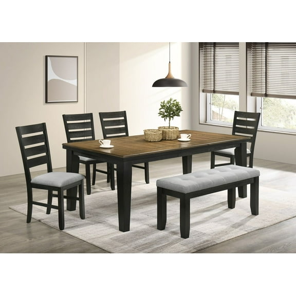 6pc Dining Room Set Extendable 18" Leaf Table Upholstered Chair Bench Wooden Furniture