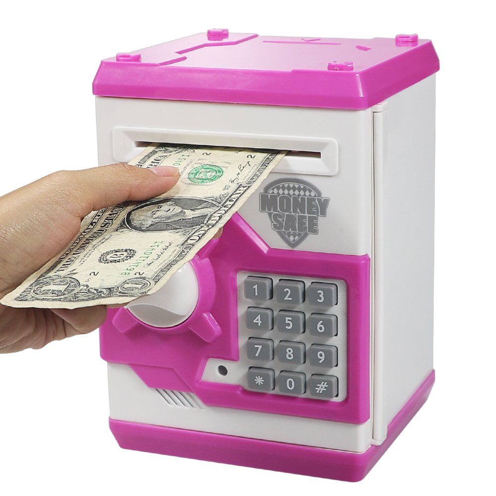 Money Safe Saving Box Cash Coin Piggy Bank Can Mini ATM Kids Toy Girls Gift Pink