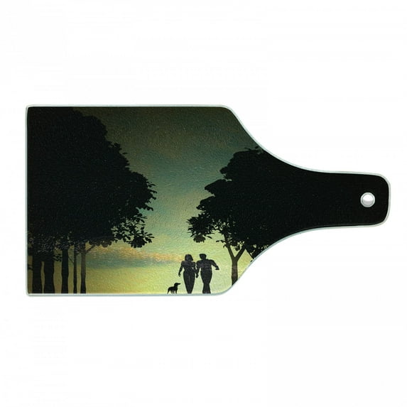 Woodland Cutting Board, Happy Couple and Tree Silhouettes Romantic Walking with Dog at Sunset Dust Image, Decorative Tempered Glass Cutting and Serving Board, in 3 Sizes, by Ambesonne