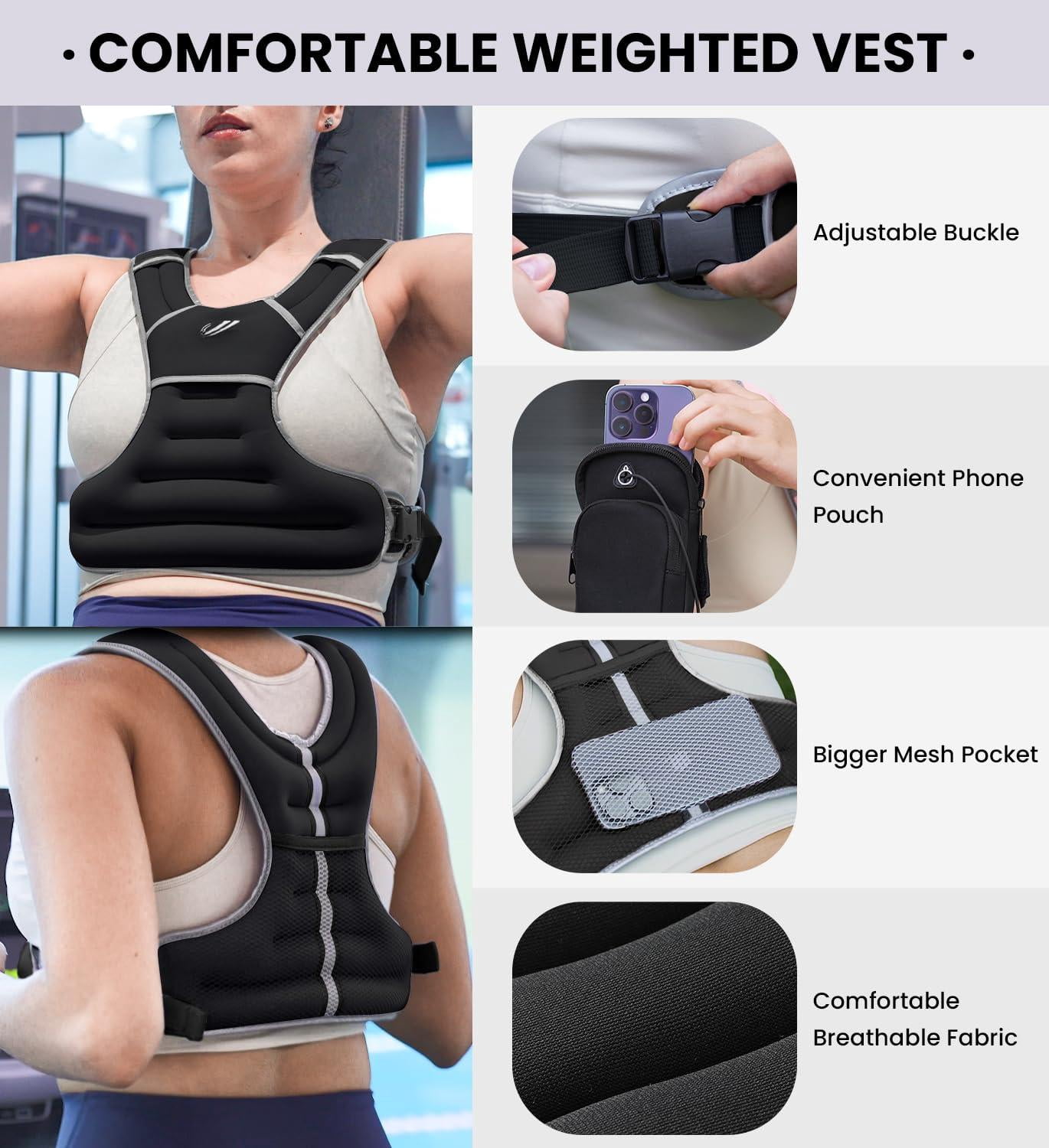 15 lbs Black Weighted Vest for Walking Running Workout Fitness