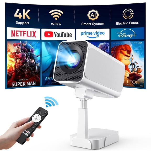 [Netflix Ready] Smart Projector with WiFi and Bluetooth, 4K 1080P Support, Electric Focus & Auto Keystone, Rotatable & Height-Adjustable Stand, Max 250" Screen