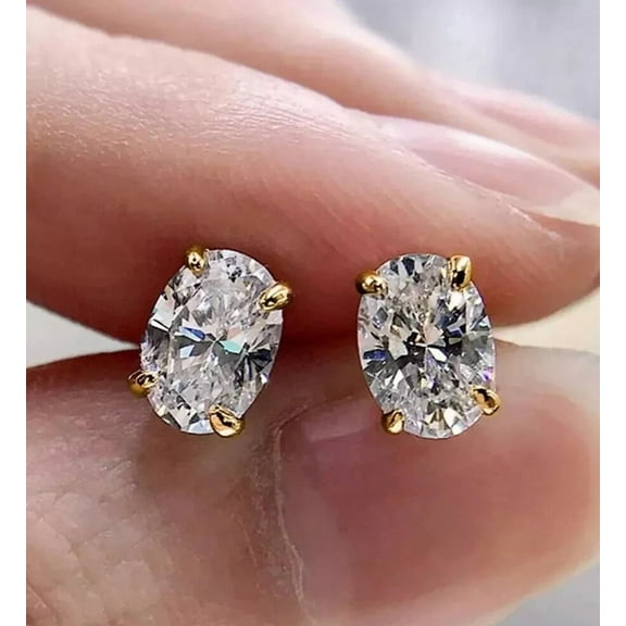 Oval Cut Stud Earrings 2Ct Lab Created Diamond For Her 14K Yellow Gold Plated Silver