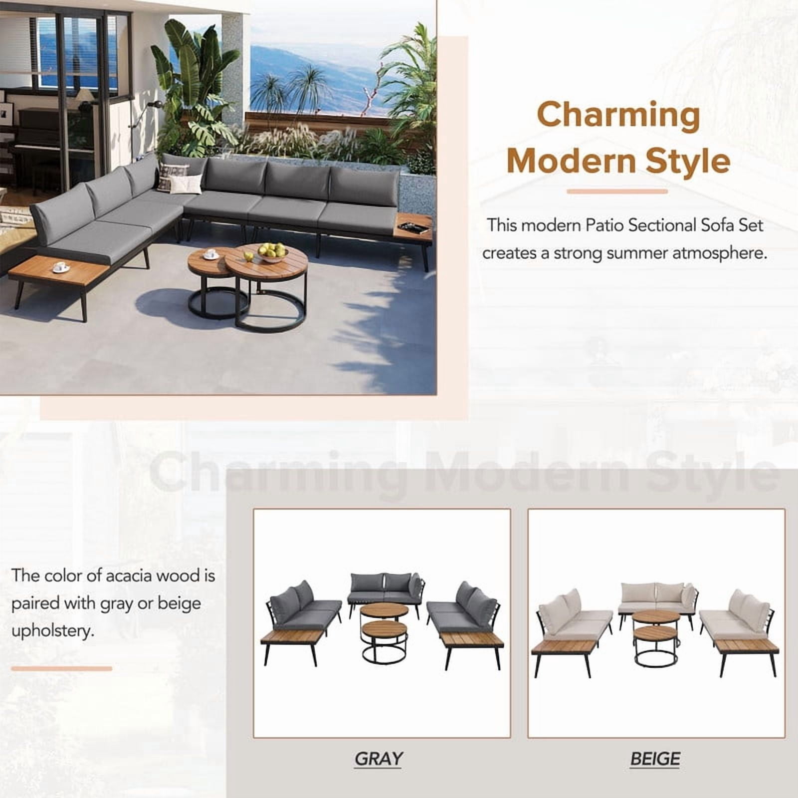 6-Piece L-Shaped Outdoor Sectional Sofa Set with Round Nesting Coffee Tables, Patio Furniture Set with Side Tables, Outdoor Conversation Set with Cushions