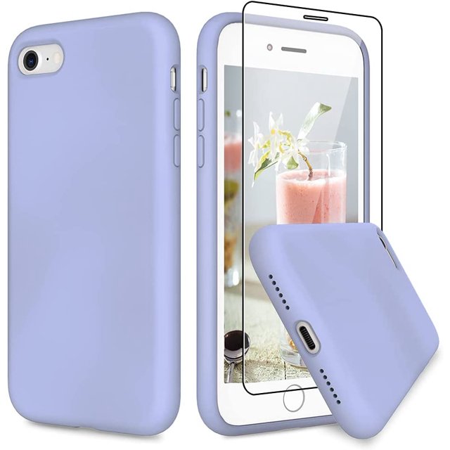 IBAOLE Compatible for iPhone SE 2020 Rubber Case, iPhone 7 8 Slim Silicone Case with Tempered Glass Screen Protector, Microfiber Lining Shockproof Cover for iPhone 7/8/SE 2020 4.7 inch - YellowPurple