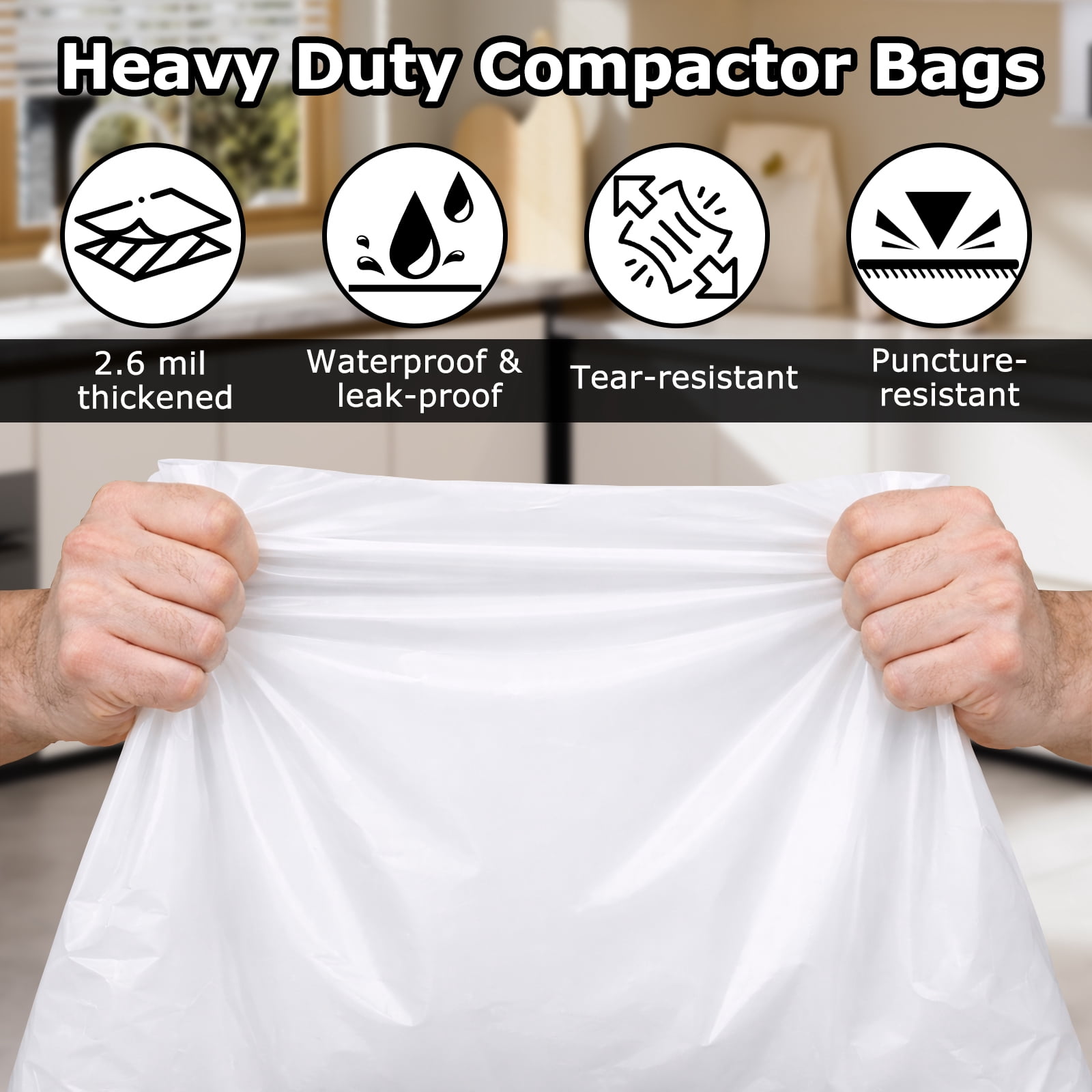 60 Pack Trash Compactor Bags Heavy Duty Compactor Bag for Kitchen Leak Proof 2.6 MIL Thickened Garbage Compactor Bags Fit for 15 inch Drawer Compactors(with Reserved Holes&Ties)