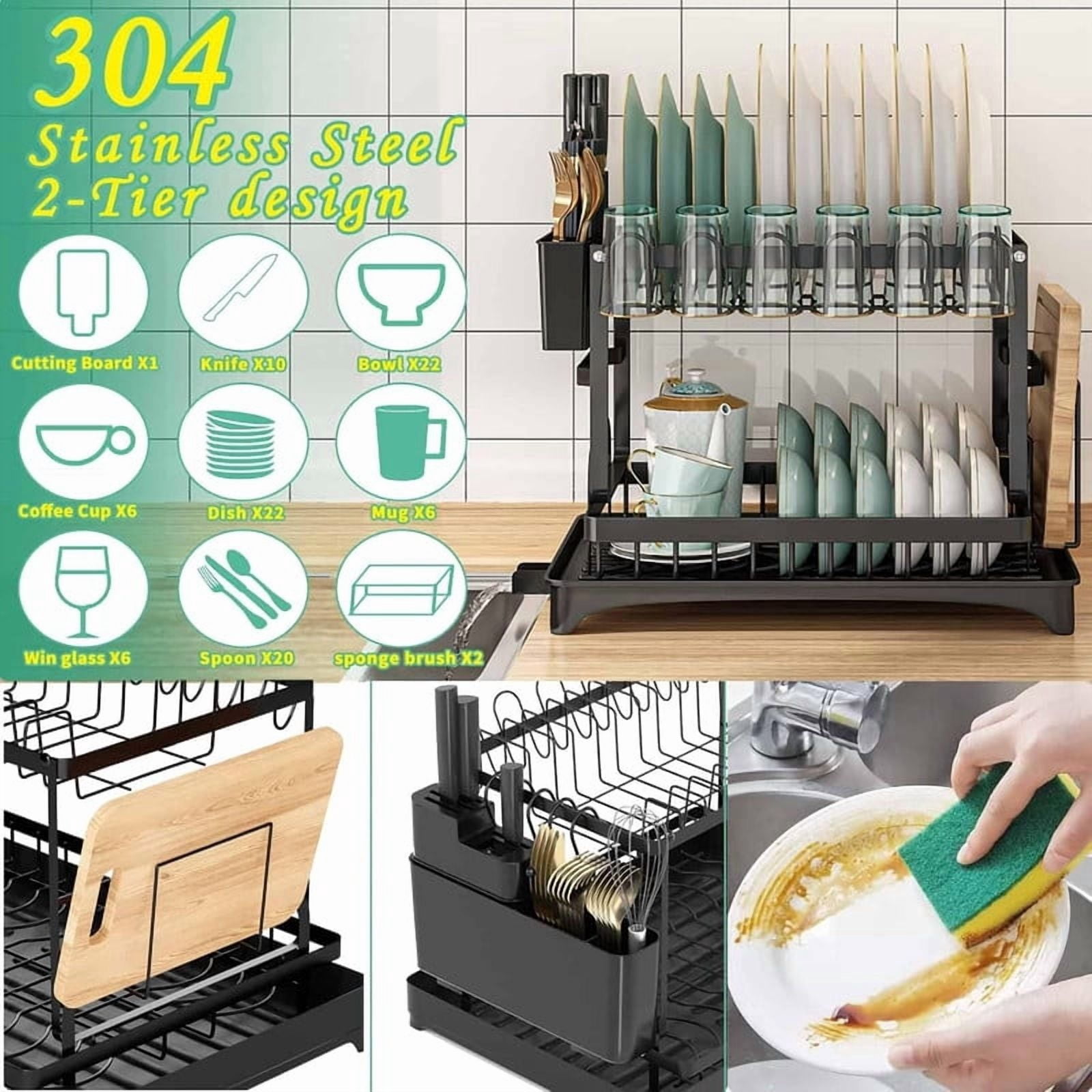 Dish Drying Rack, 2 Tier Large Dish Drying Rack for Kitchen Counter with Drainboard Stainless Steel Dish Drainer for Dish/Knifes/Cup/Cutting Board