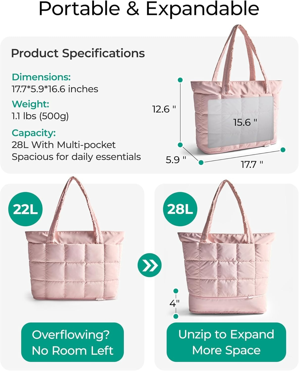 Omlopp Large Tote Bag for Women, Expandable Puffer Work Tote Handbag, Quilted Carry-On Travel Gym Bag-Light Pink
