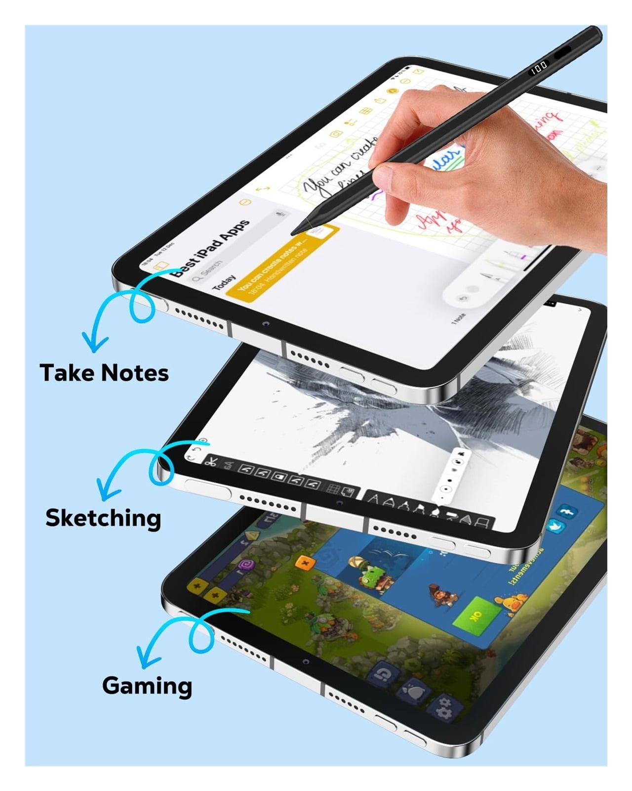 Stylus Pen for iPad 2018-2025, USB-C Fast Charging Pencil with LED Power Display Tilt Sensitivity for Apple iPad A16/11/10/9/8/7/6, Air 7/6/5/4/3/M3/M2, Pro 13"/12.9"/11"/M4, Mini 7/6/5