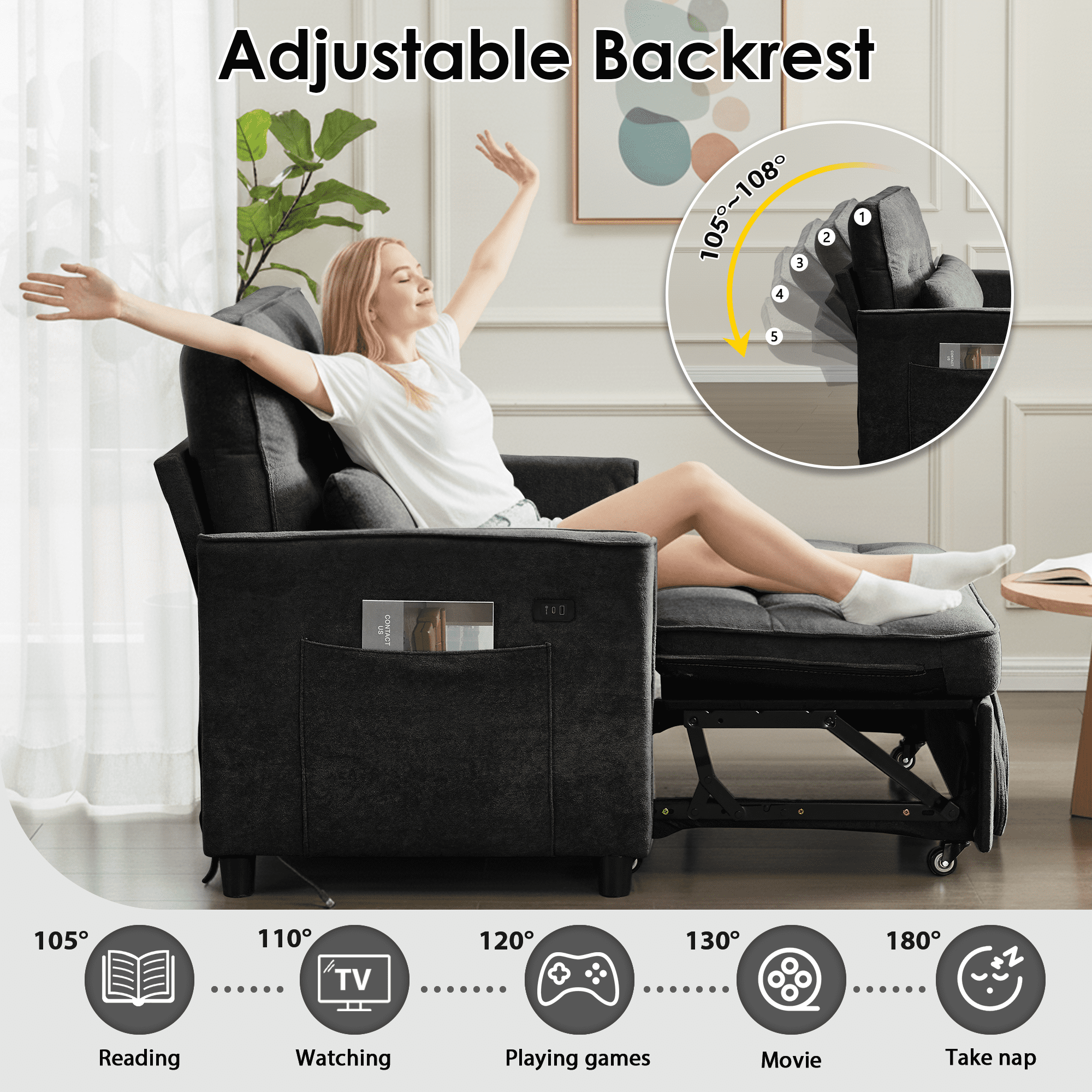 Howcool 55" Convertible Sofa Bed 3-in-1 Pull Out Sleeper Loveseat Couch with Adjustable Backrest, USB Ports, Side Pockets, Easy Assembly for RV Apartment Living Room(Black)