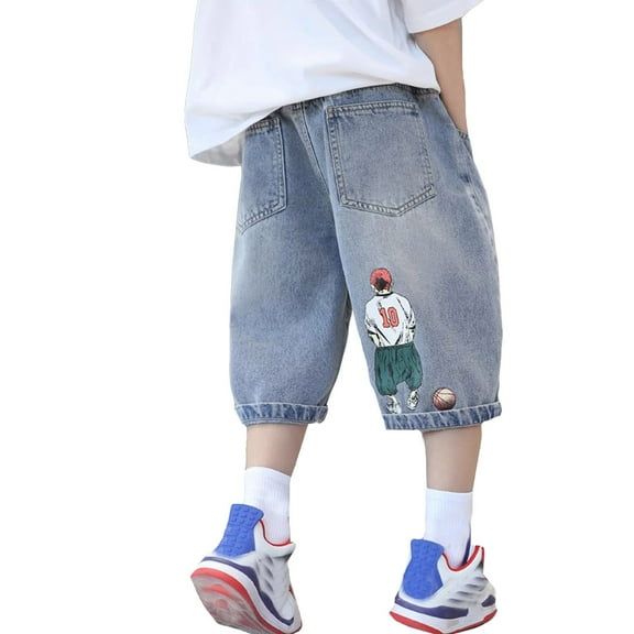 Kiijoy Boys Graphic Wide-Leg Denim Shorts Casual Elastic Waist Stretch Jorts, Sizes 3-4