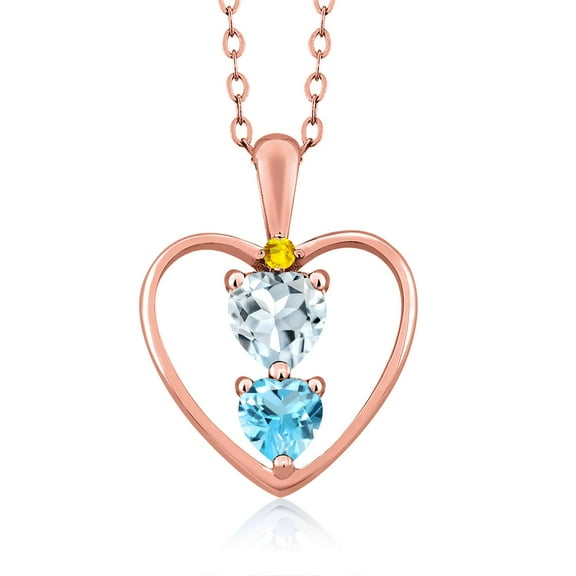 18K Rose Gold Plated Silver Sky Blue Aquamarine Swiss Blue Topaz and Yellow Sapphire Pendant Necklace for Women (0.75 Cttw, Gemstone March Birthstone, Heart 5MM and 4MM, with 18 inch Silver Chain)