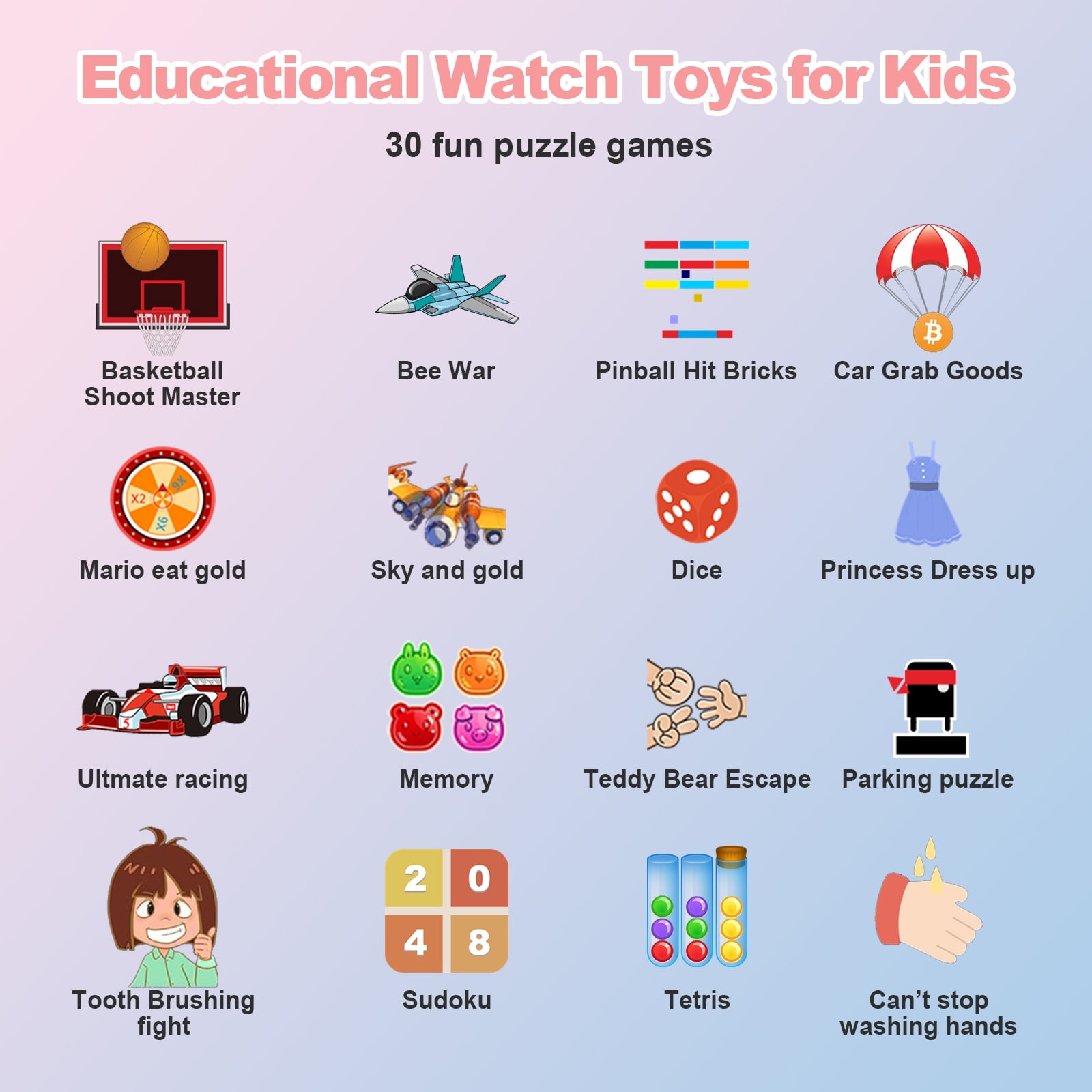 SHANNA Kids Smart Watch for Boys Girls Aged 4-12,  1.83'' HD Touch Screen with 30 Games and 140 Learning Cards, Music Player Camera Pedometer Story Telling, Pink