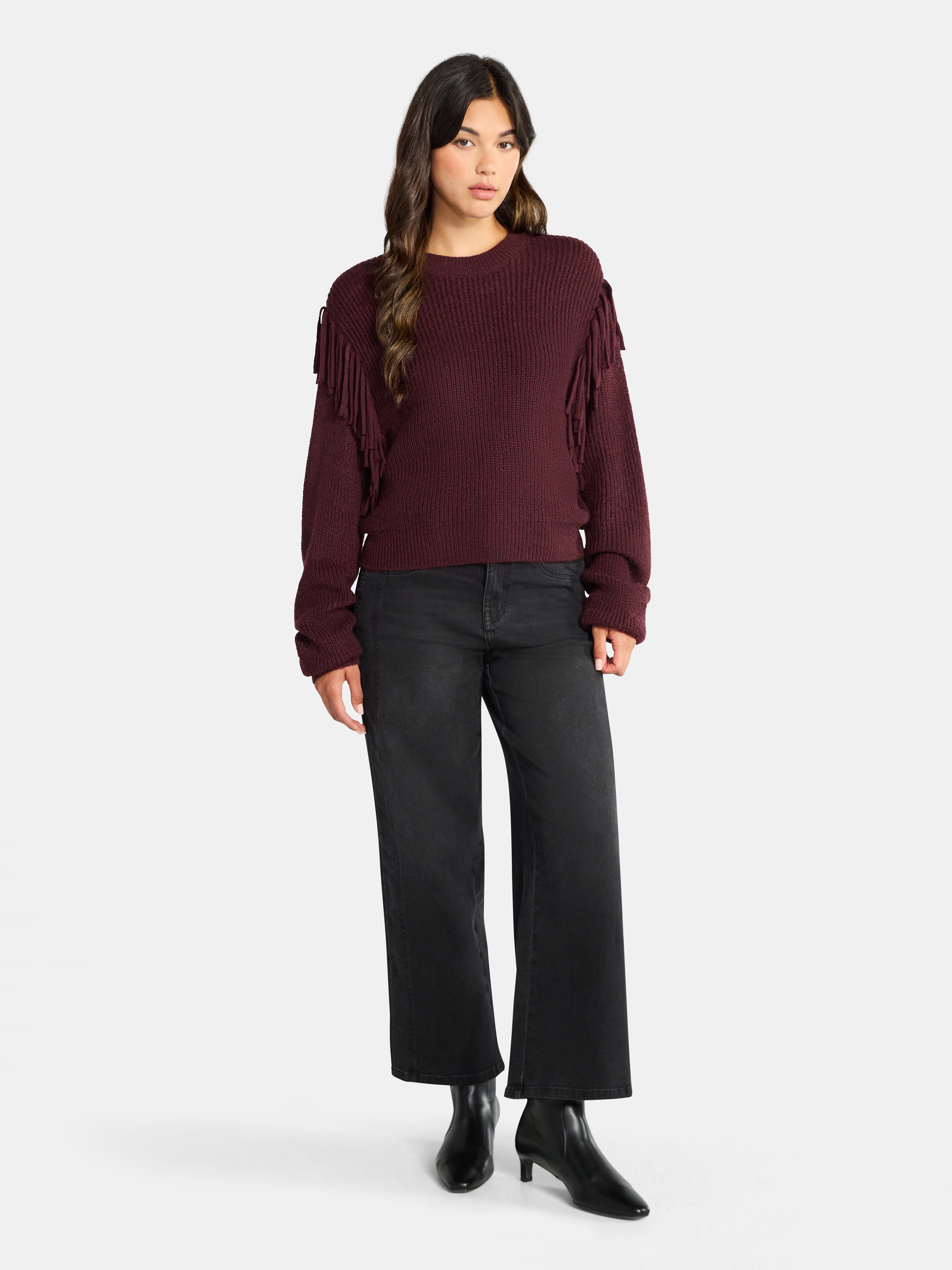 Time and Tru Women's Fringe Pullover Sweater, Midweight, Sizes XS-XXXL