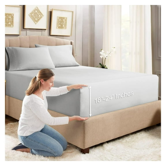 Extra Deep Pocket Queen Fitted Sheet, 24" Deep Pocket Queen Sheet with 2 Pillowcases, 3 PC Fitted Sheet Queen Size, Queen Sheets Deep Pocket with 4 Corner Elastic Strap, Silver Gray Silver Light Gray
