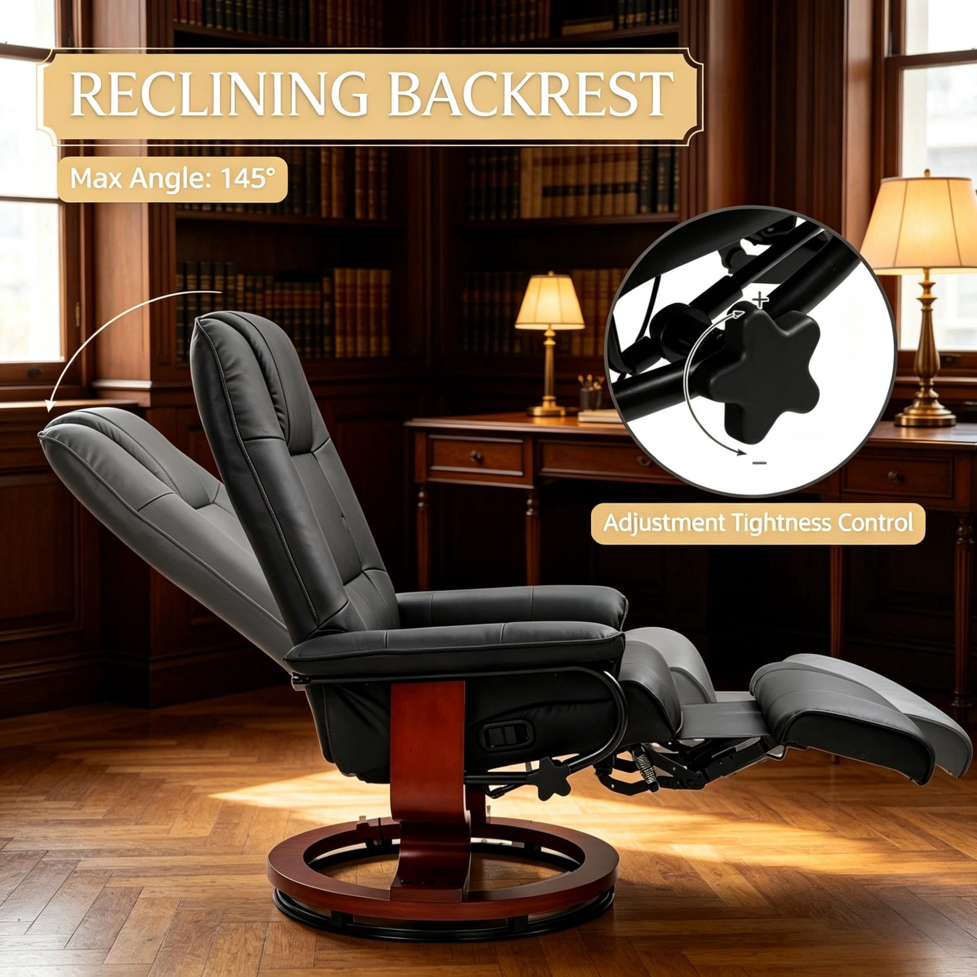 Black Manual Swivel Faux Leather Lounge Chair with Footrest and Armrest