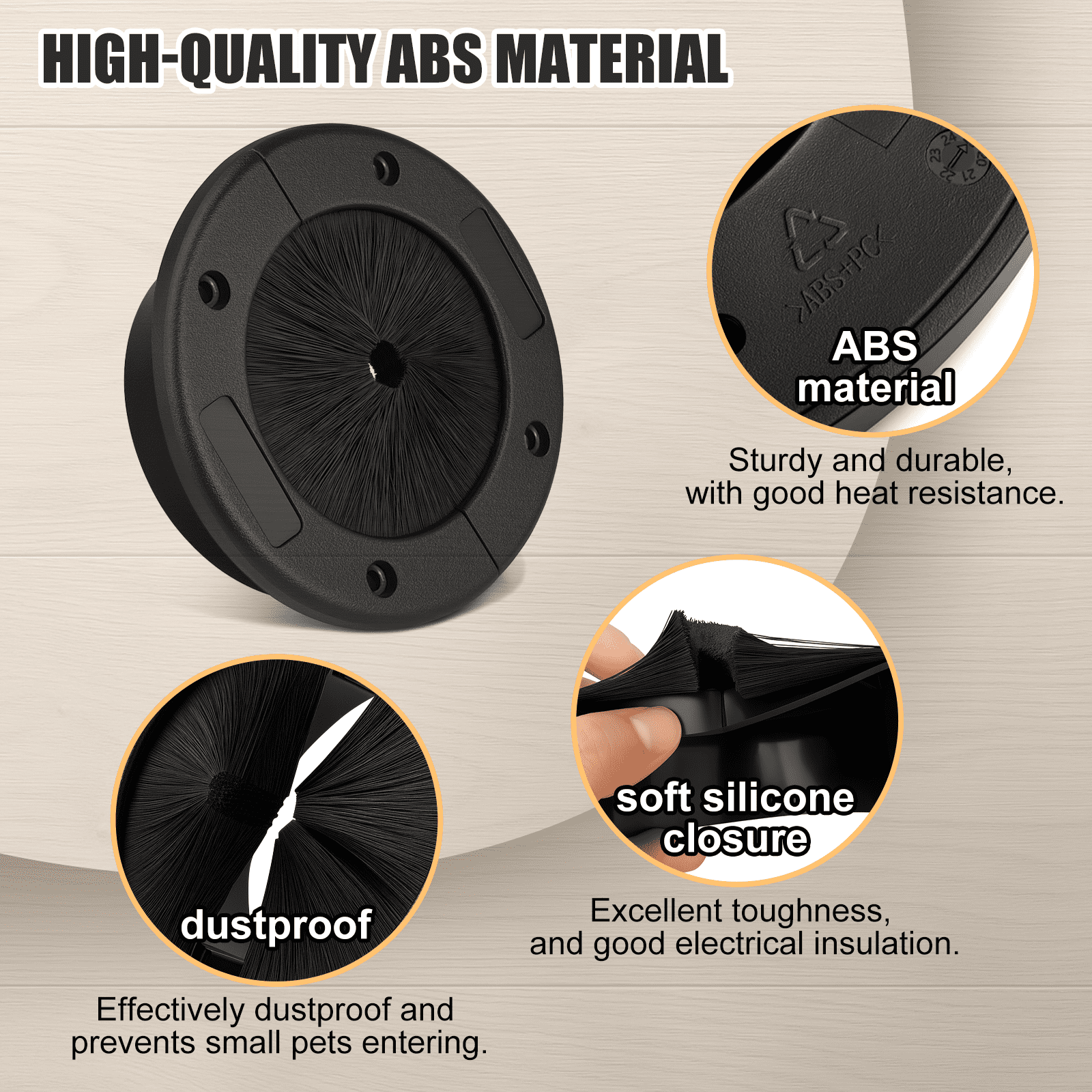 2-Pack 4-Inch Round Brush Grommet, Large Split Design Cable Pass-Through for Data Center Raised Floor & Home Wall, Airflow Optimization