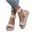 thumbnail image 4 of Anuirheih Women's Wedge Heels Sandals, Open Toe Metal Buckle Ankle Strap Summer Straw Woven Thick Soled Shoes, Gifts for Women(Light-Pink), 4 of 8