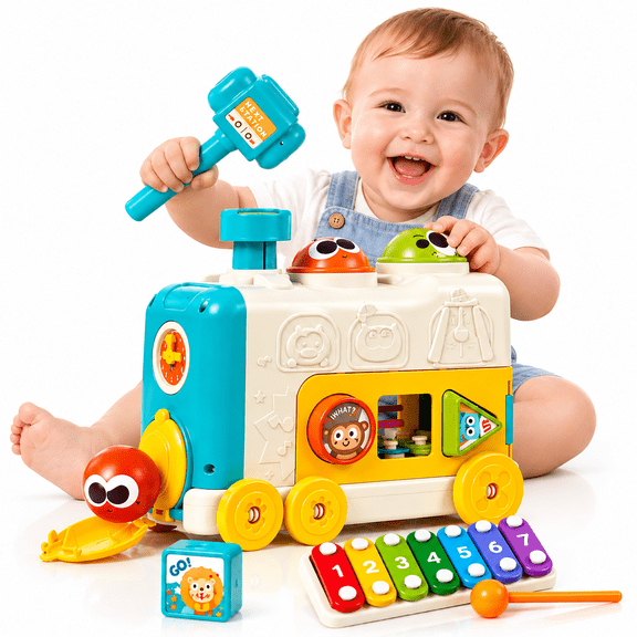 ANTIC DUCK 6 in 1 Baby Activity Train Toy for Toddlers 18  Months, Montessori Learning Toys , Shape Sorter, Fine Motor Skills Educational Toy for Boys Girls