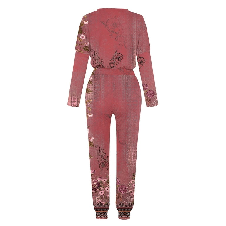 Womens Two Piece Long Sleeve Outfits Floral,Sweatsuits for Women Set 2  Piece Boho Flower Printed Crewneck Pullover Tops and Drawstring Jogger  Pants Workout Tracksuits 2023 