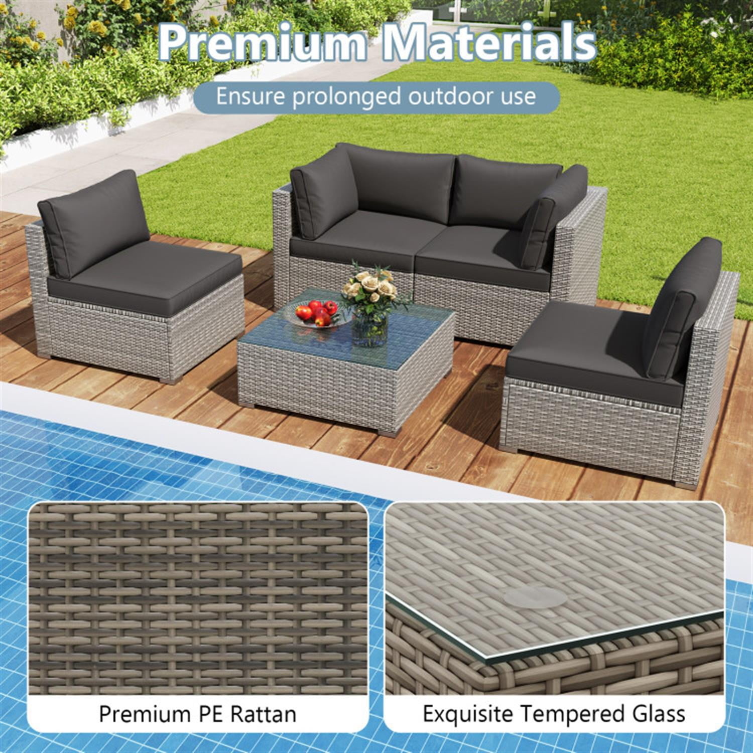 Demi Bonn 5-Piece Outdoor Patio Furniture Sets Sectional Sofa Couch and Glass Coffee Table with Cushions for Yard, Pool or Backyard, Black