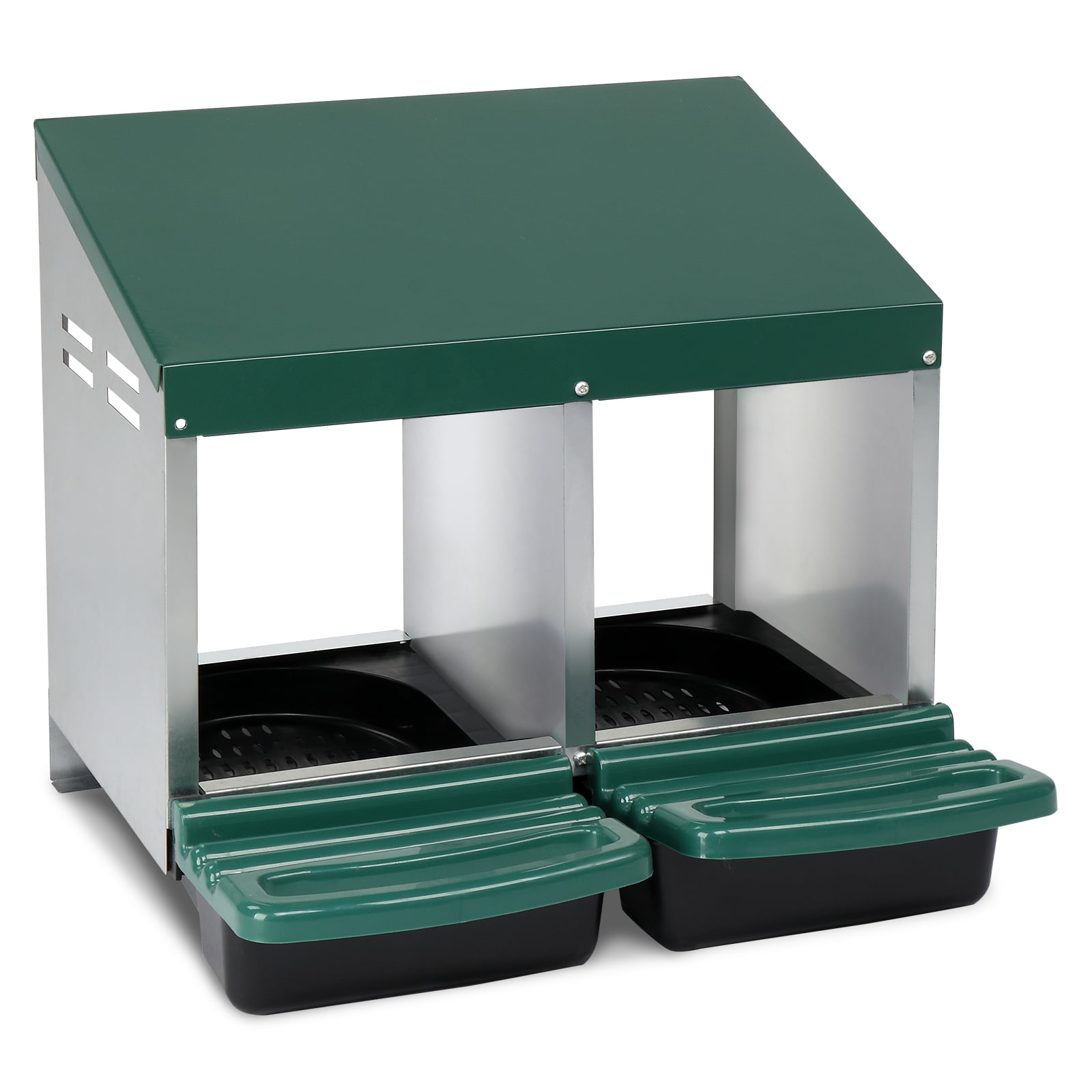 2 Compartment Poultry Chicken Nesting Box, Weather Resistant Steel Plastic Hen Laying Nest Box with Sloped Ventilated Bottom, Private Egg Laying Habitat for Chickens Ducks Coop Farm Use