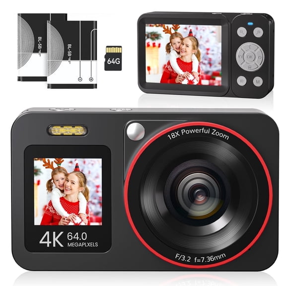 Deatti Digital Camera,FHD 4K Camera with Dual Screen 64GB SD Card 2 Batteries,Digital Point and Shoot Camera,18X Zoom,Anti Shake Portable Rechargeable for Boys Girls Kids,Black
