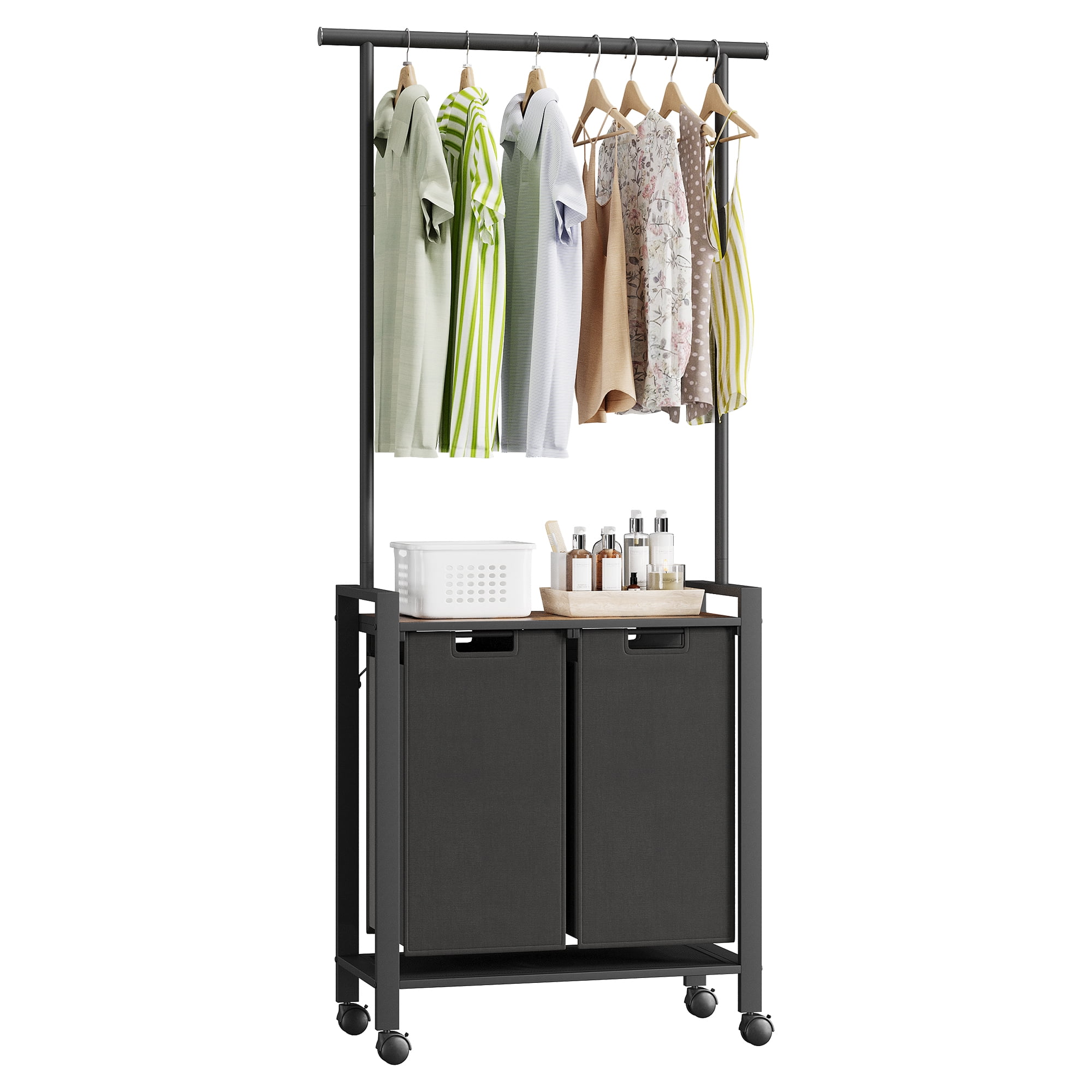 Laundry Sorter 2 or 3 Section Laundry Hamper Sorter with Clothes Hanging Rod and Wooden Storage Shelf 2 X 13gal Laundry Basket Organizer for Laundry Room Organization Storage Baskets, Black