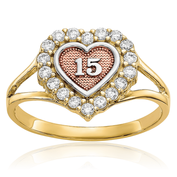 10K Solid Two Tone Gold White Anos Quinceanera Sweet 15 Years Old Birthday Cubic Zirconia CZ Heart Ring Love Band