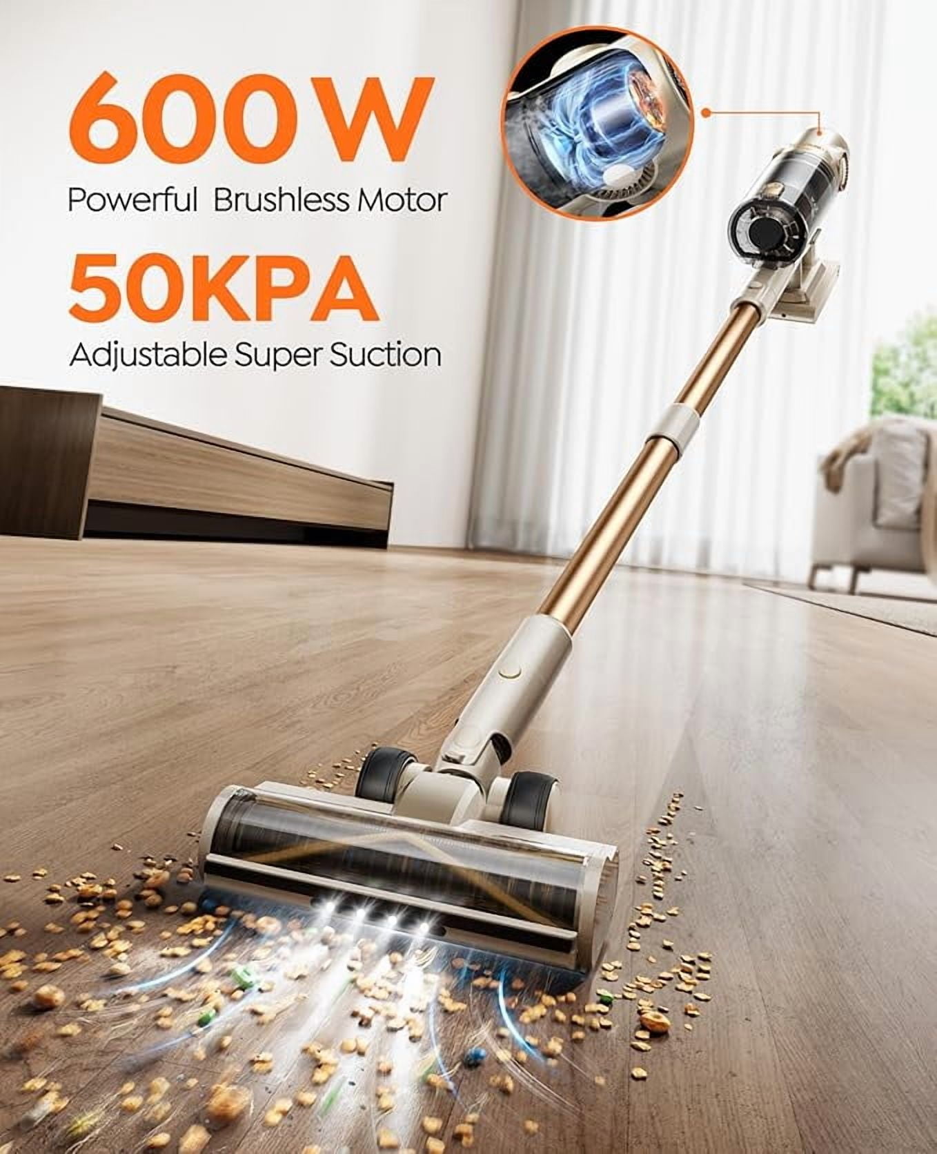 Cordless Stick Vacuum Cleaner, 50kPa, up to 80 minutes runtime, self-standing, touch screen, anti-tangle,for Carpet,Hard Floor, Pet Hair