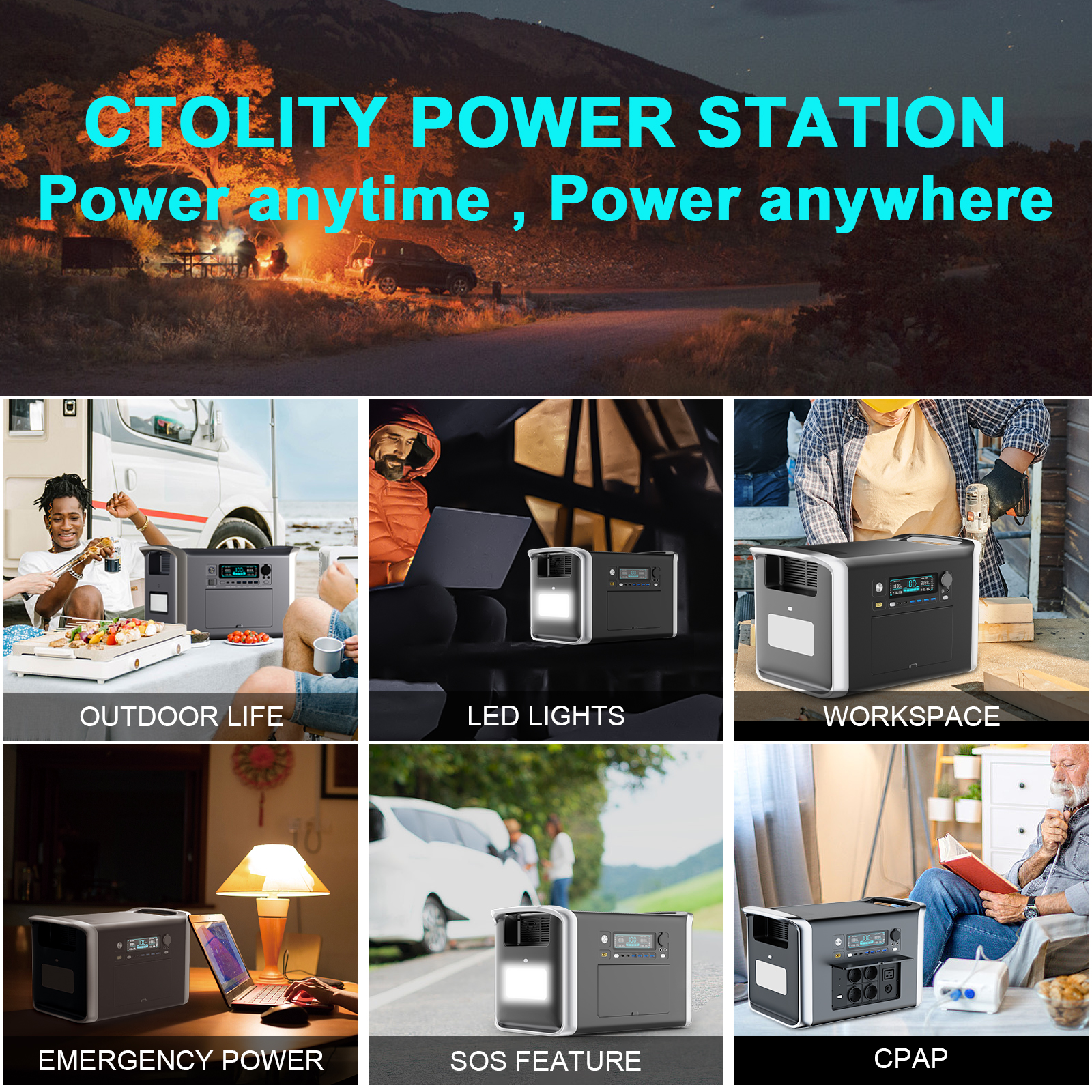 Ctolity 2400W Portable Power Station 2048Wh 640000mAh Outdoor Solar Generator for Camping